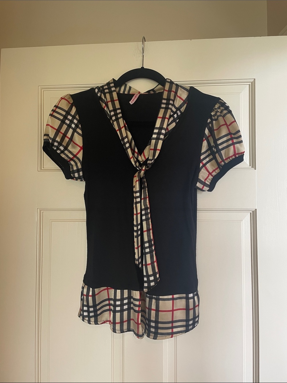 Black One Piece Short-Sleeve Blouse with Plaid Trim and Tie Neck